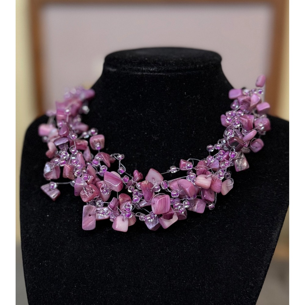 Purple Mother of Pearl Shell Cluster Bib Necklace Lavender Seed Bead Statement